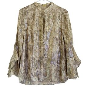 Elie Tahari Womens Metallic Silk Floral Blouse Bell Sleeve Sheer Evening Top SP